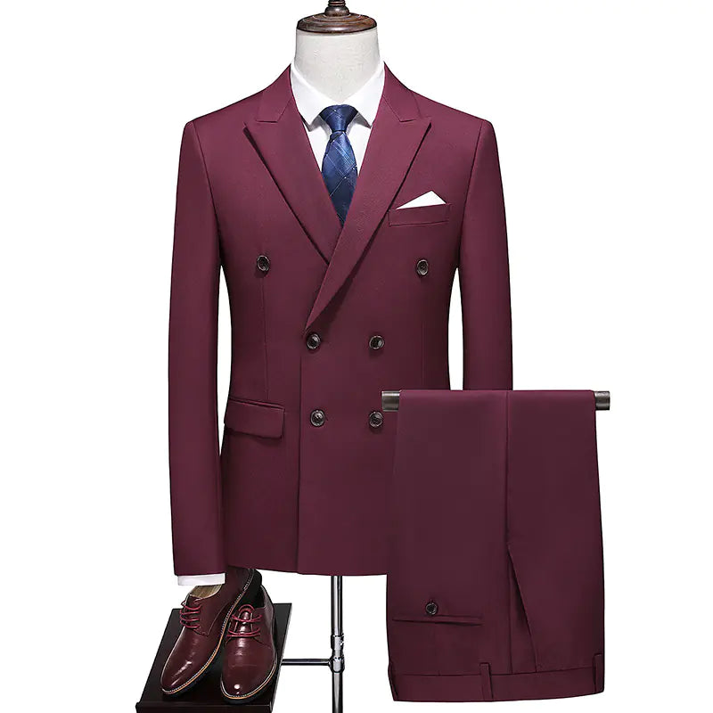 Men's Double Breasted Solid Color Coat Trousers Suit